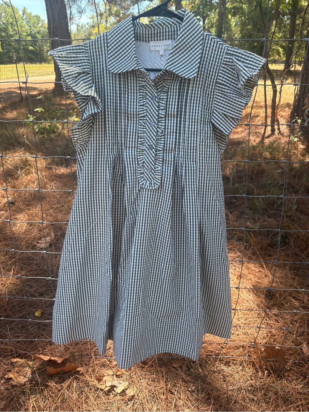 entro Green and White Gingham Ruffle Front Casual Dress